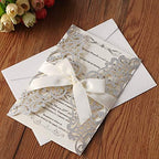 Hosmsua 20x Laser Cut Lace Flora Wedding Invitation Cards with Ribbon Bow and Envelopes 5.12 x 7.3'' Invitation for Bridal Shower Engagement Birthday Graduation Party 20pcs (Sliver Glitter) - Image 2