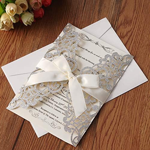 Hosmsua 20x Laser Cut Lace Flora Wedding Invitation Cards with Ribbon Bow and Envelopes 5.12 x 7.3'' Invitation for Bridal Shower Engagement Birthday Graduation Party 20pcs (Sliver Glitter) - Image 2