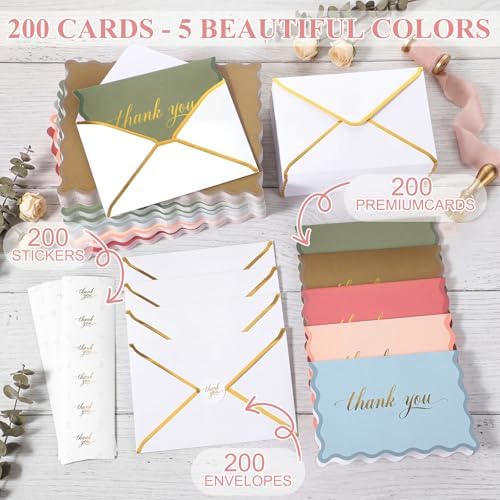 200 Set Thank You Cards with Envelopes Stickers 5 Colors Beautiful Thank You Cards Bulk Elegant Blank Notes Card for Business, Wedding, Baby Shower, Graduation, Birthday, All Occasions - Image 3