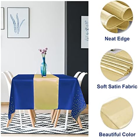 24Pack Disposable Plastic Tablecloths and Satin Table Runner Set Blue and Gold Dot Tablecloth Gold Satin Table Runner for Wedding Birthday Baby Shower Anniversary Christmas New Year Party Decorations - Image 3