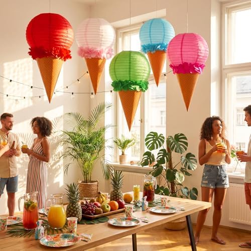 Baquler 12 Set Ice Cream Paper Lanterns Summer Party Decor Colorful Ice Cream Cone Lanterns Hanging Ceiling Sign Candyland Party Decor for Summer Theme Birthday Baby Shower Bridal Shower Favor - Image 5