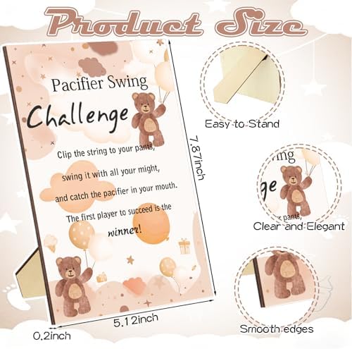 Geelin 12 Sets Swing Pacifier Baby Shower Games Funny Gender Reveal Games, Include 1 Wooden Sign and 12 Plastic Pacifiers for Bridal Baby Shower Gender Reveal Party Women Men(Bear,Brown) - Image 3