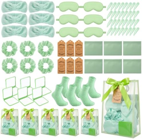 54 Pcs Baby Shower Prizes for Winners Prizes Gifts 6 Sets with Headbands Eye Masks Mirrors Hair Ties Hair Clips Socks Storage Bags Thank Card Gift Bag for Baby Shower Party Wedding(Green) by Hillsuren