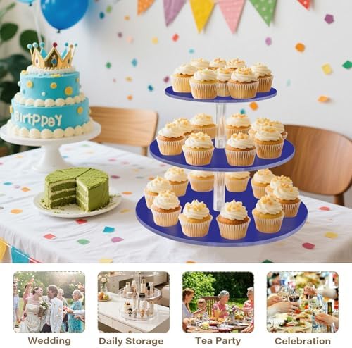 J JOYSAY Navy Blue Print Acrylic Cupcake Stand 3 Tier Dessert Table Display Set Clear Cake Stands for Party Baby Shower Wedding Decorations Easy Assembly Donut Tower - Image 7