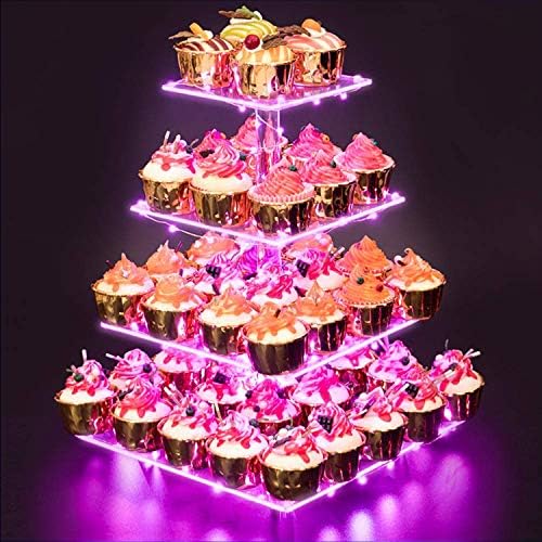 YestBuy Acrylic Cupcake Stand for 50 Cupcakes, 4 Tier Cupcakes Tower Stand with Pink LED Lights and 4.7" Clear Tiers, Perfect for Birthday, Baby Shower, Wedding and Candy Bar by YestBuy