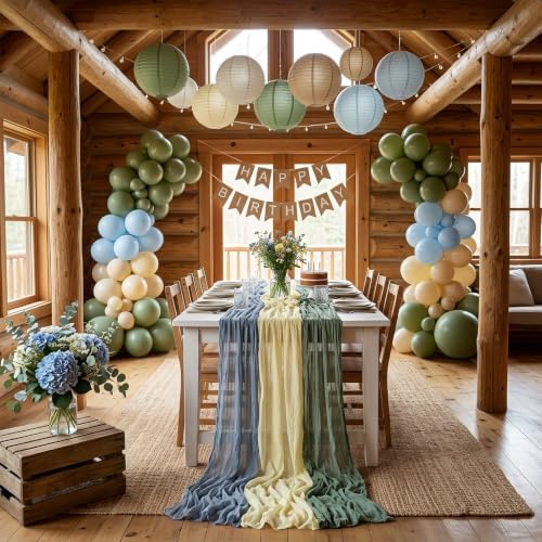 6 Pcs Dusty Blue Green Yellow Cheesecloth Table Runner - Image 5