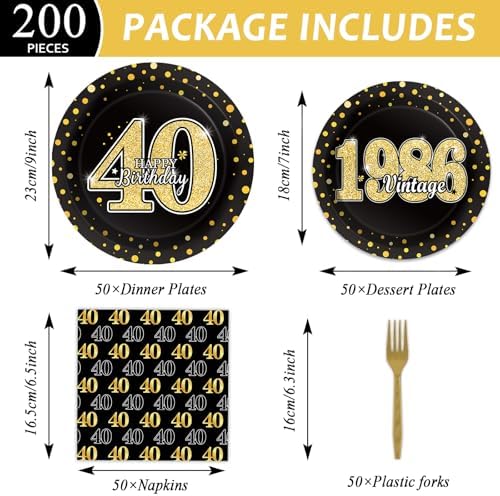 40th Theme Bithday Party Tableware Vintage 1986 Party Supplies 40 Year Old Birthday Decorations Plates Napkins Forks Black and Gold Dinnerware Favors for Men or Women - Image 2