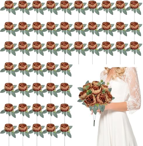 50Pcs Artificial Peonies Flowers Bulk, 3.5’’ - Fall Brown by Scawim
