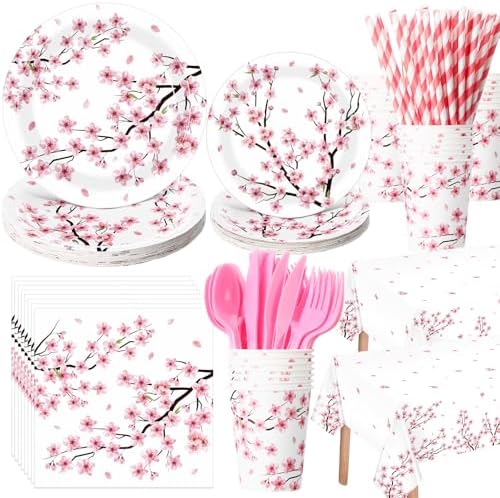 Funnymoom 452 Pcs Cherry Blossom Party Decorations Supplies Include Cherry Blossom Paper Plates Napkins Cups Tablecloth Cutlery Straws for Baby Shower Birthday Bridal Shower Wedding Party by Funnymoom