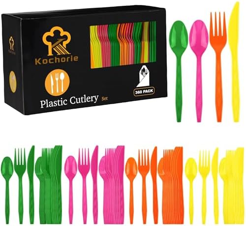 Kochorie 360 Pieces Neon Party Plastic Cutlery Set by Kochorie