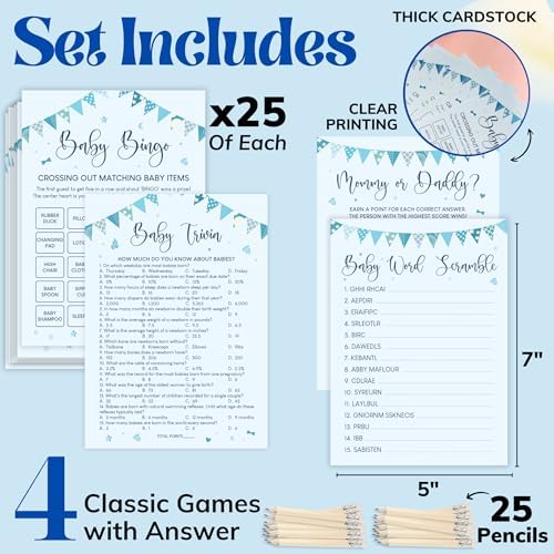 WOODAMORE Hilarious Baby Shower Games Boy - 4 Funny Baby Games for Baby Shower Boy Decorations, Blue Trivia Card Word Scramble Mommy Or Daddy Game for 25 Guests (Pack of 2) - Image 2