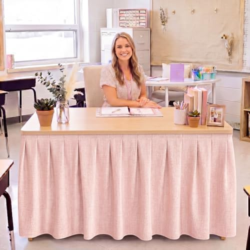 Tingjoo Pastel Pink 9 ft X 30'' Teacher Desk Skirts Linen Textured Desk Tablecloth Skirts Pleated Office Decor Back to School Supplies for Classroom School Office Rectangular Round Table Cover - Image 2
