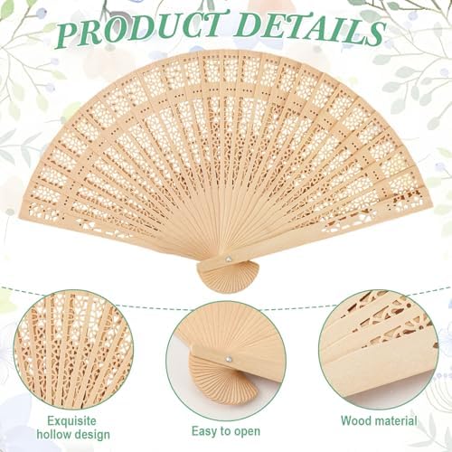 Quzzil 50 Sets Wooden Hand Fan Sandalwood Wood Handheld Folding Fans with Ribbon Thank You Tag for Wedding Guests Baby Shower Birthday Bridal Gifts Party Favors (White,Leaf) - Image 3