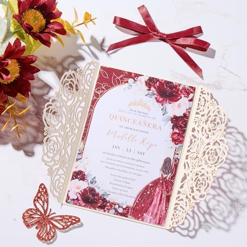 Burgundy Wedding Invitation Laser Cut Invitation Sleeve Personalized Cards - Image 6