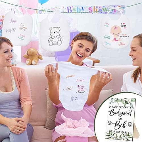 Roowest 35 Pcs Baby Shower Bibs Game with Bib Bodysuit Marker, Greenery - Image 6