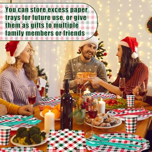Funnymoom 400 Pcs Christmas Party Supplies for 50 Guests Gingham Paper Plates and Napkins Knives Spoon Fork Cup Disposable Checkered Dinner Party Cutlery for Baby Shower Wedding Favor (Red and Green) - Image 6