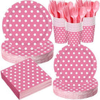 Funnymoom 400 Pcs Pink Polka Dot Party Supplies for 50 Guests White Polka Dot Paper Plates and Napkins Knives Spoon Fork Cup Set Cutlery for Birthday Wedding Bridal Shower Pink Girl by Funnymoom