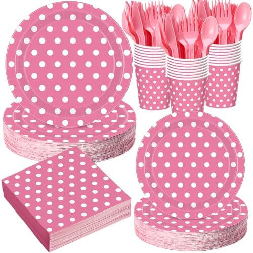 Funnymoom 400 Pcs Pink Polka Dot Party Supplies for 50 Guests White Polka Dot Paper Plates and Napkins Knives Spoon Fork Cup Set Cutlery for Birthday Wedding Bridal Shower Pink Girl by Funnymoom