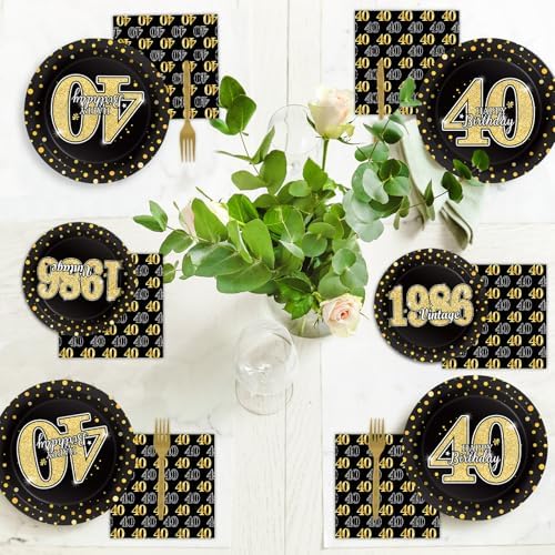 40th Theme Bithday Party Tableware Vintage 1986 Party Supplies 40 Year Old Birthday Decorations Plates Napkins Forks Black and Gold Dinnerware Favors for Men or Women - Image 5