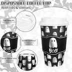 Whaline 50Pcs 16Oz Halloween Disposable Coffee Cups with Lids and Sleeves Spooky Foil Silver Ghost Boo Paper Drinking Cup for Trick or Treat Birthday Party Supplies - Image 3