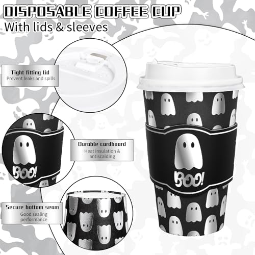 Whaline 50Pcs 16Oz Halloween Disposable Coffee Cups with Lids and Sleeves Spooky Foil Silver Ghost Boo Paper Drinking Cup for Trick or Treat Birthday Party Supplies - Image 3
