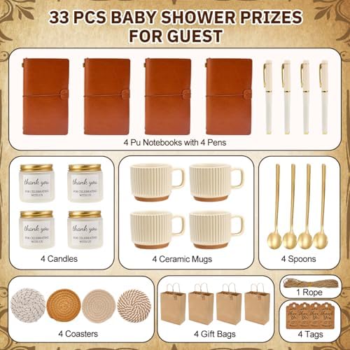 Baby Shower Prizes for Game Winners Baby Shower Games Prizes Ceramic Mugs with Metal Spoons Woven Coasters Notebooks Scented Candles Gift Bags Wedding Bridal Shower Favors for Guests (4, Brown) - Image 3