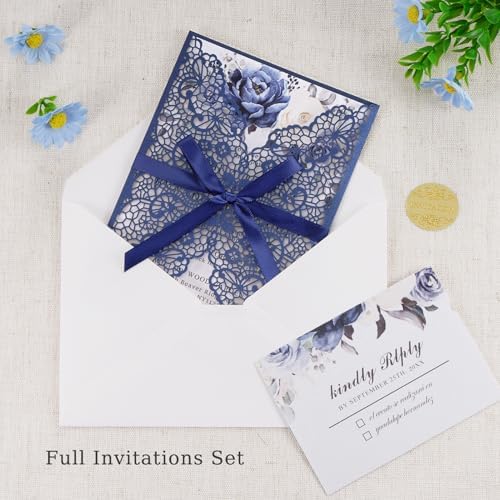 AdasBridal 50pcs Navy Blue Laser Cut Wedding Invitations Cards Blank - Image 6