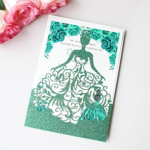 50PCS Personalized Green Glitter Quinceanera Invitations Kit, 5.12 x7.3 inch Laser Cut Hollow Girl Princess Quinceañera Invitations with Envelopes for Sweet 16 birthday Bridal XV Años Invite - Image 5