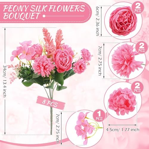 Zeyune 8 Pcs 13.4 Inch Artificial Flowers Bouquet,Peony,Hot Pink - Image 2