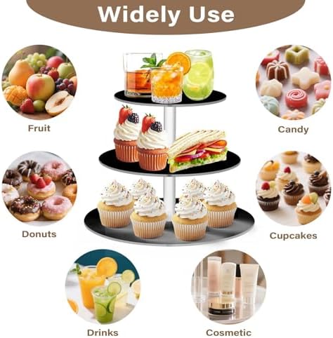 J JOYSAY Black Pattern Acrylic Cupcake Stand 3 Tier Dessert Table Display Set Clear Cake Stands for Baby Shower Party Wedding Decorations Easy Assembly Pastry Tower - Image 5