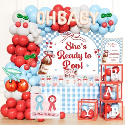 Costova She’s Ready to Pop Baby Shower Decorations, Retro Soda Ready to Pop Party Supplies with Balloon Boxes Red & Blue Balloons Arch Backdrop Plaid Tablecloth Cake Cupcake Toppers Sash Badges by Unknown