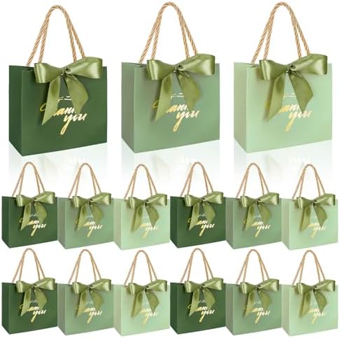 Whaline 60Pcs Thank You Paper Gift Bags with Bow Gradient Sage Green Party Favor Bags with Handles for Wedding Bridal Baby Shower Birthday Party by Whaline