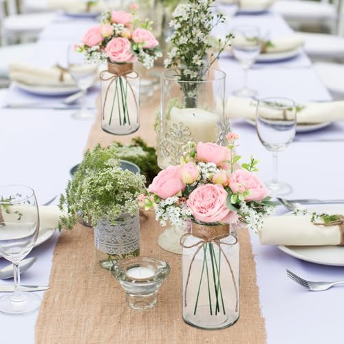 Zeyune 6 Sets Mason Jar Table Centerpiece with Artificial Peony Baby's Breath Flower Centerpieces Faux Flowers with Rope for Wedding Reception Engagement Bridal Shower Rustic Table Decor(Light Pink) - Image 6