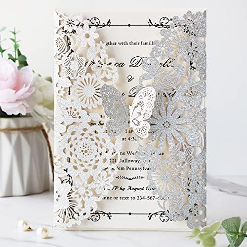 Hosmsua 5.12 x 7.3'' 50PCS Silver Laser Cut Butterfly Quinceanera Invitation Cards Lace Flora Weddding Invitations with Envelopes for Quinceañera Wedding Bridal Shower Invite (Silver Glitter) - Image 2