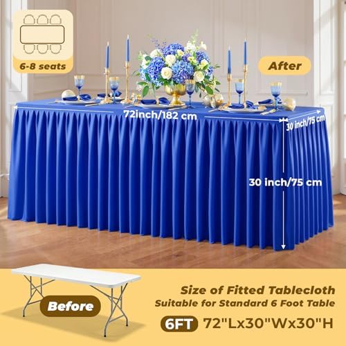 Royal Blue Polyester Table Cloths for Rectangle 6 Foot Tables, 6 Pack Wrinkle Free Tablecloths Stretchy Banquet Ruffle Fitted Table Cover Desk Skirt for Parties Wedding Birthday Baby Shower - Image 5