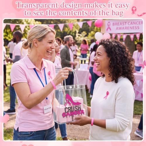 Canchiing 30 Pcs Breast Cancer Awareness Clear Gift Bags with Handles Reusable Pink Ribbon Treat Bags PVC Gift Wrap Totes for Breast Cancer Survivor Party Favor Items Accessories, 7.9 x 7.9 x 3.1 - Image 6