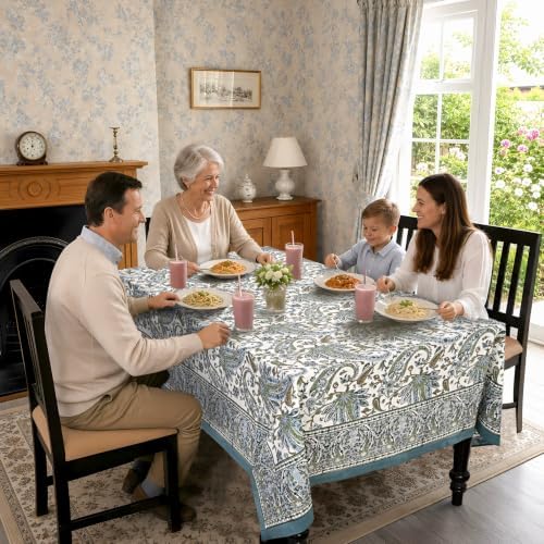Ridhi Asparagus Blue Paisley Hand Block Print Cotton Rectangle Tablecloth 60x90 inch Reusable Table Cover Decorative Everyday Use for Dining Room, Farmhouse, Home Gift for Spring, Summer - Image 4