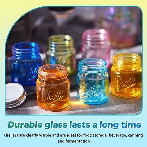 Tessco for you Mini Mason Jar Shot Glasses with Lids 2 oz Dishwasher Safe Mason Canning Jars for Bachelorette Wedding Party Favors Bar Drinks Home Desserts Honey Jam Candy(Fresh Color,72 Pcs) - Image 6