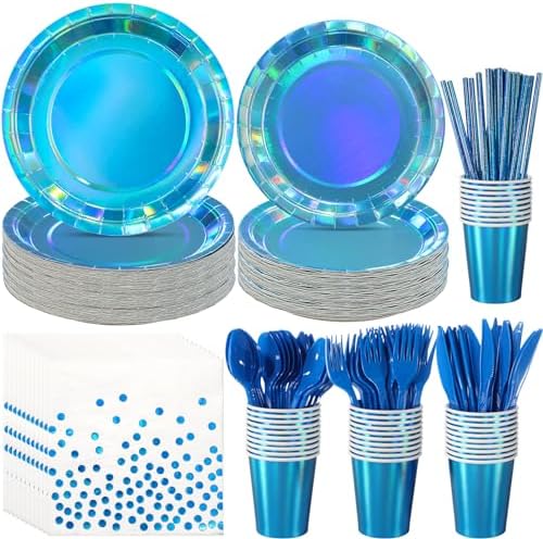 Iridescent Blue Party Supplies Decorations Serve 50, Holographic Blue Paper Plates and Napkins, Disposable Iridescent Party Plates Cups Napkins for Wedding Anniversary Birthday Bridal Shower Party by EnjoyYourFunnyParties