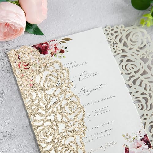 ponatia 25PCS Hollow Rose Laser Cut Wedding Invitations Cards with Envelopes, Printable Paper with Burgundy Ribbons For Wedding Bridal Shower Engagement Sweet 16 Birthday Invite (Gold Glitter) - Image 5