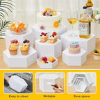 Leinuosen 7 Pcs Large Hexagonal Buffet Risers Set 6" to 12" Acrylic Display Box Catering Dessert Table Riser Food Display Decorative Stand with Hollow Bottom for Catering Supplies(White) - Image 3