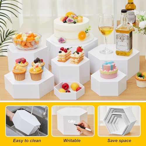 Leinuosen 7 Pcs Large Hexagonal Buffet Risers Set 6" to 12" Acrylic Display Box Catering Dessert Table Riser Food Display Decorative Stand with Hollow Bottom for Catering Supplies(White) - Image 3
