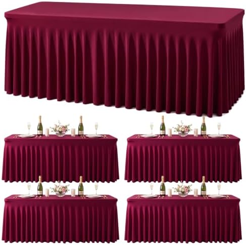 4 Pack Burgundy Table Cloth for 8 Foot Rectangle Tables Spandex Fitted Tablecloth 8ft Stretch Table Covers Skirt Burgundy Banquet Tablecloths Wrinkle Free Tablecloth for Party Wedding Birthday Event by Tao-GePartyDecorations