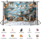 9x6ft Vintage Airplane Photography Backdrop Blue Sky White Clouds Retro Aircraft Theme Background for Newborn Baby Shower Banner Boys Birthday Party Photoshoot Studio Photo Booth Props - Image 3