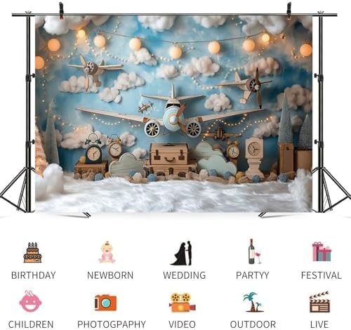 12x8ft Vintage Airplane Photography Backdrop Blue Sky White Clouds Retro Aircraft Theme Background for Newborn Baby Shower Banner Boys Birthday Party Photoshoot Studio Photo Booth Props - Image 3