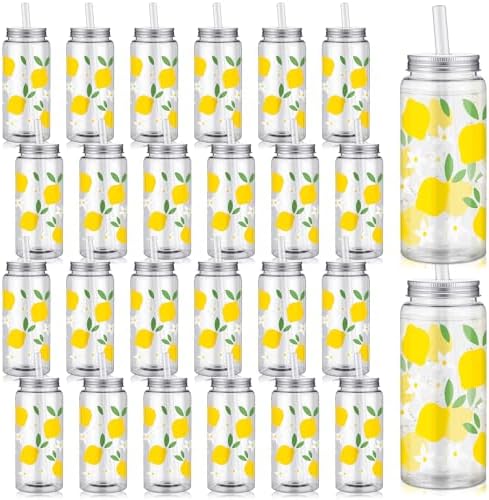 SiliFine 24 Pcs Lemon Party Favors Lemonade Cups with Lids and Straws by SiliFine