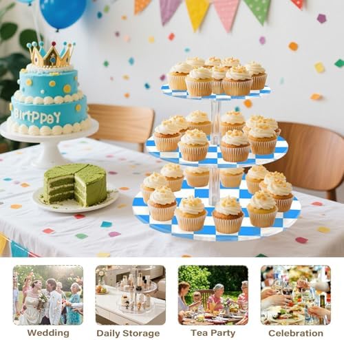 J JOYSAY Chess Checkerboard Aqua Blue White Pattern Acrylic Cupcake Stand 3 Tier Dessert Table Display Set Clear Cake Stands for Wedding Baby Shower Party Decorations Easy Assembly Donut Tower - Image 7
