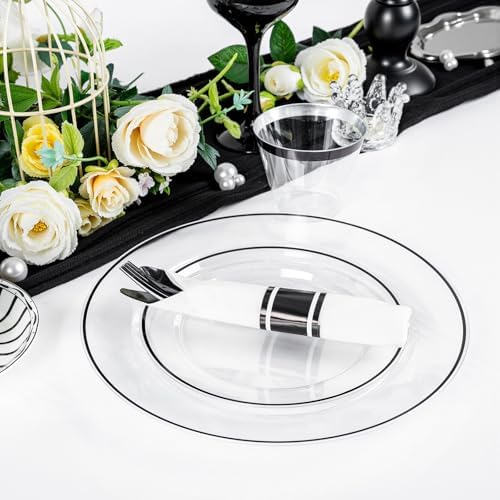 SUT 350 Pcs Black and Clear Plastic Dinnerware Set for 50 Guests, Include: 50 Dinner Plates, 50 Dessert Plates, 50 Pre Rolled Napkins With Silverware, 50 Cups, Disposable Plates for Party - Image 7