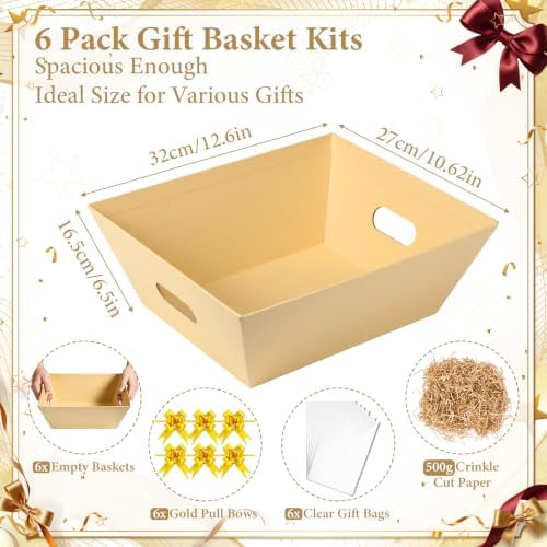 EVELOMO 6 Pack Empty Gift Baskets to Fill - 12" x 10" Large Baskets for Gifts Empty, Sturdy DIY Gifts Baskets Sets with 500g Crinkle Cut Papers for Birthdays Weddings Parties and Holidays (Kraft) - Image 3