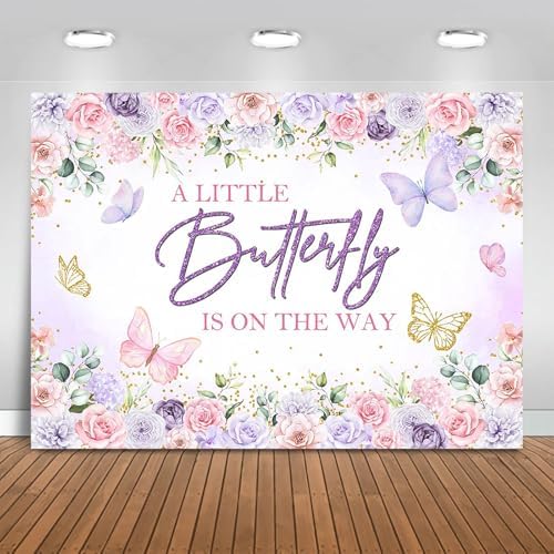 Butterfly Baby Shower Backdrop A Little Butterfly is On Her Way Photography Background Party Decorations Purple and Pink Floral Baby Shower Banner Photo Booth Props (8x6ft) by Fitumiw